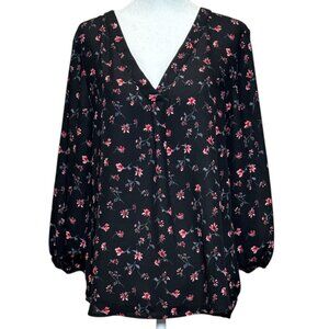Yonett + Claire Top Size M Womens Black Floral Pink V-Neck Blouse Long Sleeve